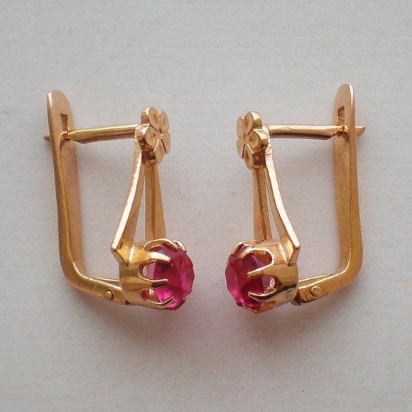 Vintage Russian Russia Soviet USSR Solid 14K 583 Rose Pink Gold Ruby EARRINGS - Picture 2 of 4